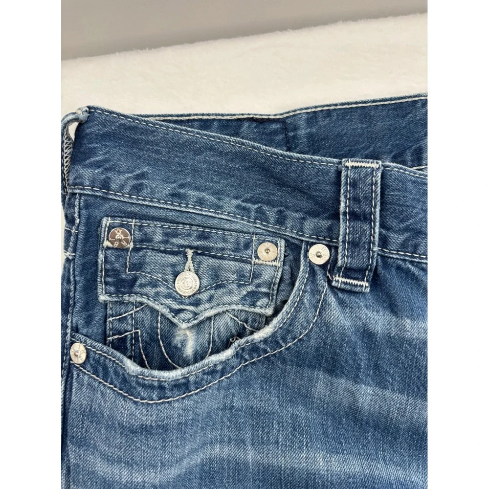 True Religion Straight Jeans Mens 34 Blue Distressed Ripped Denim Streetwear